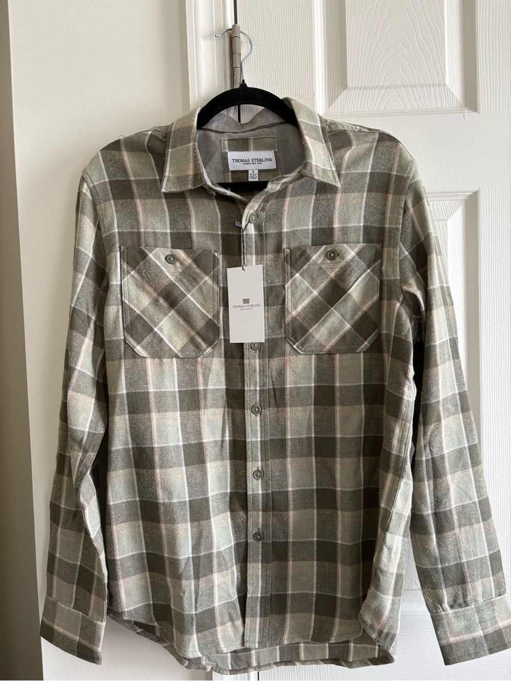 Thomas Sterling Men’s Olive Plaid Flannel Cotton Blend Button Up Shirt S NWT